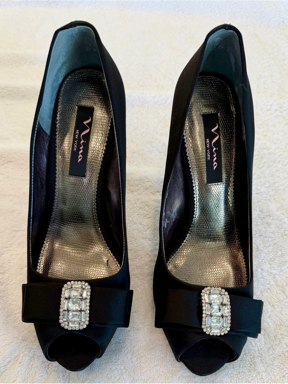 NINA Black Satin Peep-Toe Pumps with Rhinestone Bow
